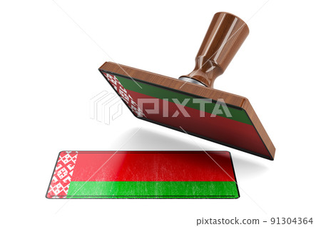 Wooden stamper, seal with Belarusian flag, 3D rendering 91304364