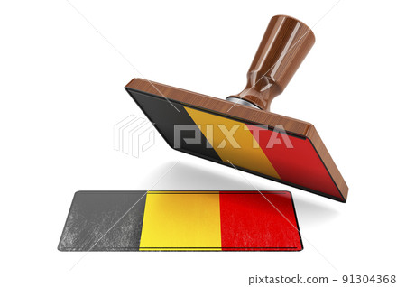 Wooden stamper, seal with Belgian flag, 3D rendering Wooden stamper, seal with Belgian flag, 3D rendering 91304368
