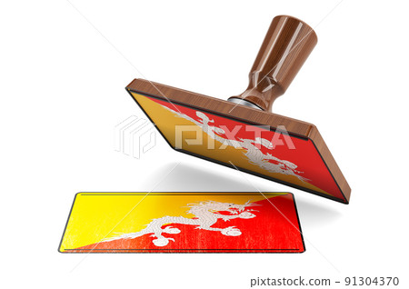 Wooden stamper, seal with Bhutanese flag, 3D rendering 91304370