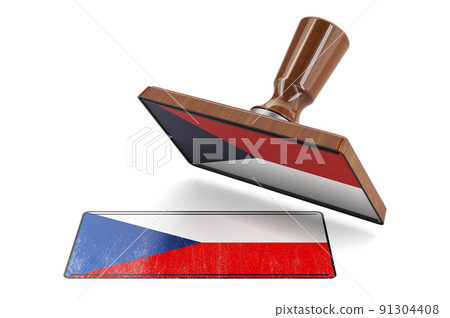 Wooden stamper, seal with Czech flag, 3D rendering 91304408