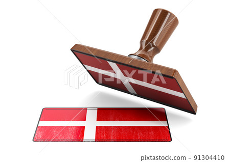 Wooden stamper, seal with Danish flag, 3D rendering Wooden stamper, seal with Danish flag, 3D rendering 91304410