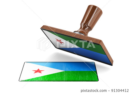 Wooden stamper, seal with Djiboutian flag, 3D rendering Wooden stamper, seal with Djiboutian flag, 3D rendering 91304412