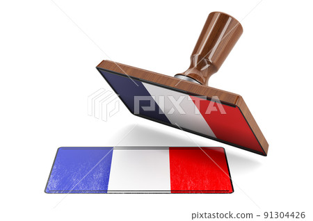 Wooden stamper, seal with French flag, 3D rendering Wooden stamper, seal with French flag, 3D rendering 91304426