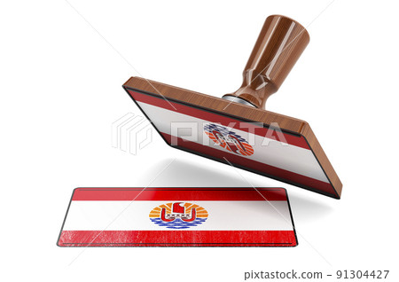 Wooden stamper, seal with French Polynesian flag, 3D rendering Wooden stamper, seal with French Polynesian flag, 3D rendering 91304427