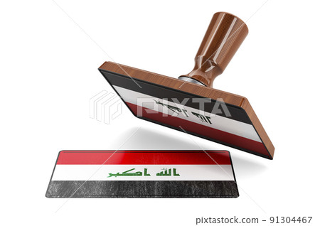 Wooden stamper, seal with Iraqi flag, 3D rendering Wooden stamper, seal with Iraqi flag, 3D rendering 91304467