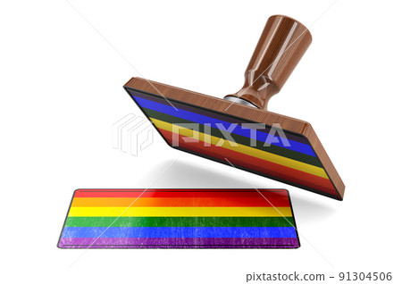 Wooden stamper, seal with LGBT flag, 3D rendering Wooden stamper, seal with LGBT flag, 3D rendering 91304506