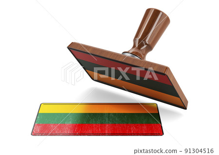 Wooden stamper, seal with Lithuanian flag, 3D rendering 91304516