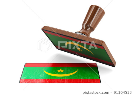 Wooden stamper, seal with Mauritanian flag, 3D rendering 91304533
