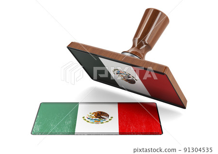 Wooden stamper, seal with Mexican flag, 3D rendering 91304535