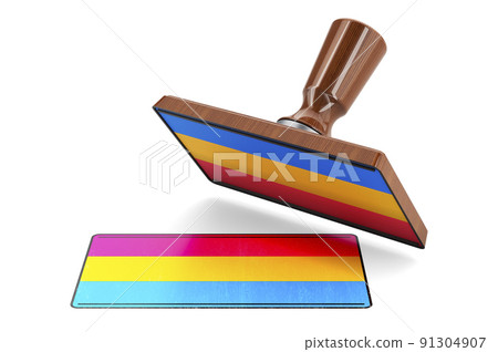 Wooden stamper, seal with pansexual flag, 3D rendering Wooden stamper, seal with pansexual flag, 3D rendering 91304907