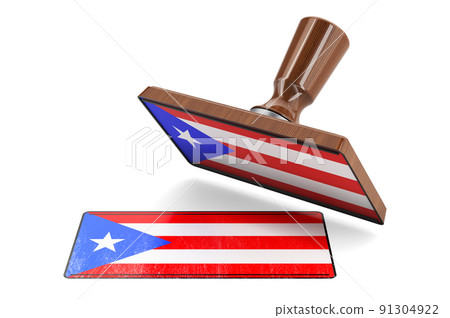 Wooden stamper, seal with Puerto Rican flag, 3D rendering 91304922