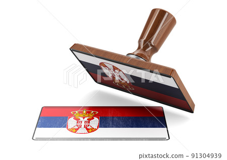Wooden stamper, seal with Serbian flag, 3D rendering 91304939