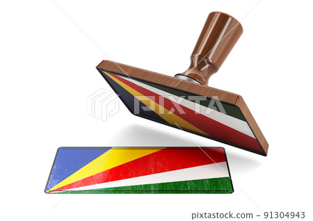 Wooden stamper, seal with Seychelloise flag, 3D rendering 91304943