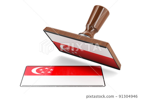 Wooden stamper, seal with Singaporean flag, 3D rendering 91304946