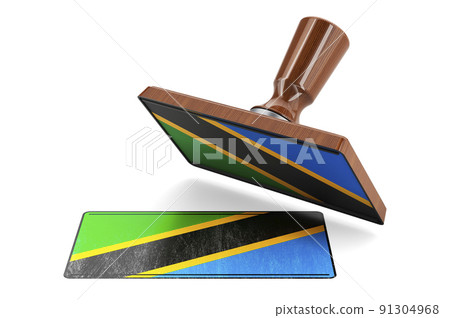 Wooden stamper, seal with Tanzanian flag, 3D rendering Wooden stamper, seal with Tanzanian flag, 3D rendering 91304968