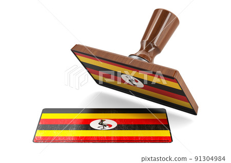 Wooden stamper, seal with Ugandan flag, 3D rendering 91304984