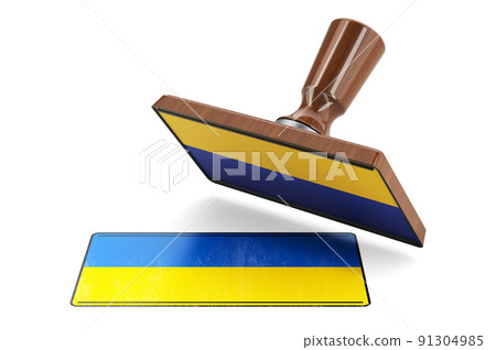 Wooden stamper, seal with Ukrainian flag, 3D rendering Wooden stamper, seal with Ukrainian flag, 3D rendering 91304985