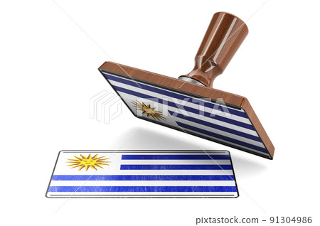 Wooden stamper, seal with Uruguayan flag, 3D rendering 91304986