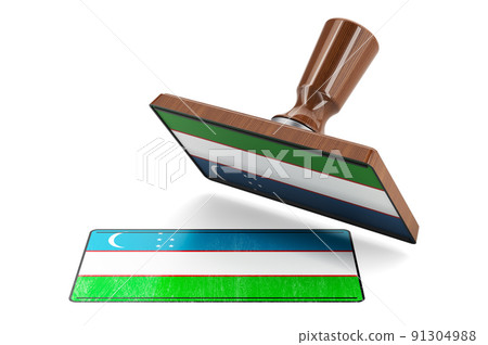 Wooden stamper, seal with Uzbek flag, 3D rendering Wooden stamper, seal with Uzbek flag, 3D rendering 91304988