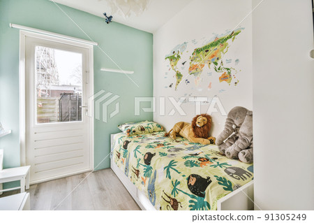 Minimalist interior design of small bedroom with soft bed placed in corner and wooden wardrobe and shelves with lamp illumination Minimalist interior design of small bedroom with soft bed placed in corner and wooden wardrobe and shelves with lamp illumination 91305249