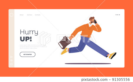 Businessman with Bag and Phone Hurry Up Landing Page Template. Business Character Late in Office, Businessman Hurry 91305556