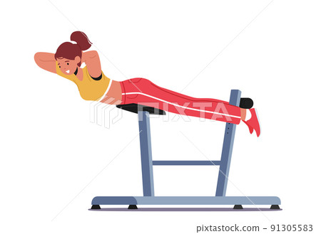 Young Woman Swinging Press on Decline Bench in Gym. Sportswoman Work on Training Apparatus. Female Character Fitness Young Woman Swinging Press on Decline Bench in Gym. Sportswoman Work on Training Apparatus. Female Character Fitness 91305583