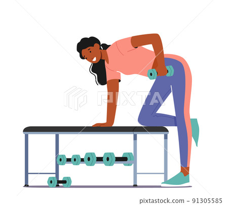 Happy Woman Exercising with Dumbbell in Gym Leaning on Bench. Sportswoman Powerlifter, Female in Healthy Lifestyle Happy Woman Exercising with Dumbbell in Gym Leaning on Bench. Sportswoman Powerlifter, Female in Healthy Lifestyle 91305585
