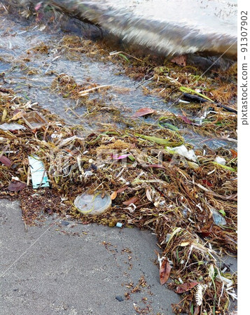 A beach dirty with a large amount of drifting garbage A beach dirty with a large amount of drifting garbage 91307902