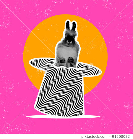 Contemporary art collage. Cute hare jumping out hat with optical illusion pattern, design. Concept of creativity, art, imagination, animal 91308022