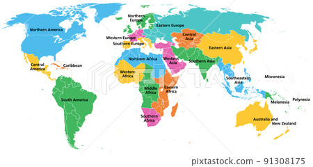 Statistical subregions of the world, geoscheme and political map. System that divides all countries and territories of the world into 22 subregional groups. Colored division for statistical purposes. 91308175