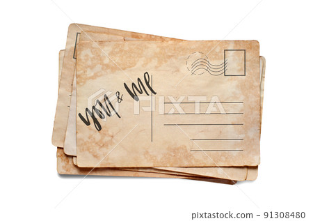 You and me. Lettering on a vintage postcard. Isolated on white 91308480