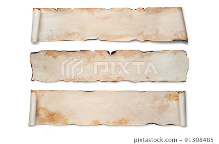 A set of old crumpled paper scrolls. Isolated on white, copy space 91308485