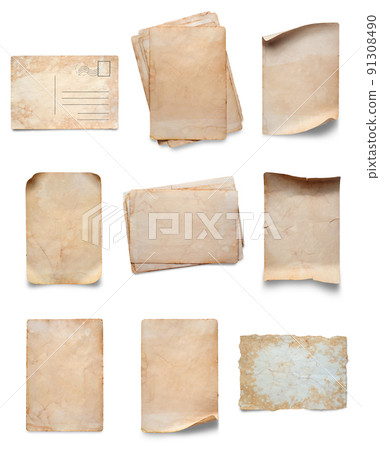 Old dirty pieces of paper. Set. Copy space. Isolated on white 91308490