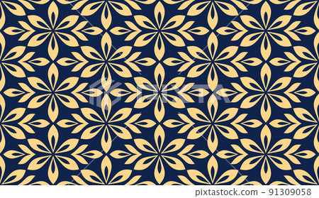 Flower geometric pattern. Seamless vector background. Gold and dark blue ornament Flower geometric pattern. Seamless vector background. Gold and dark blue ornament 91309058