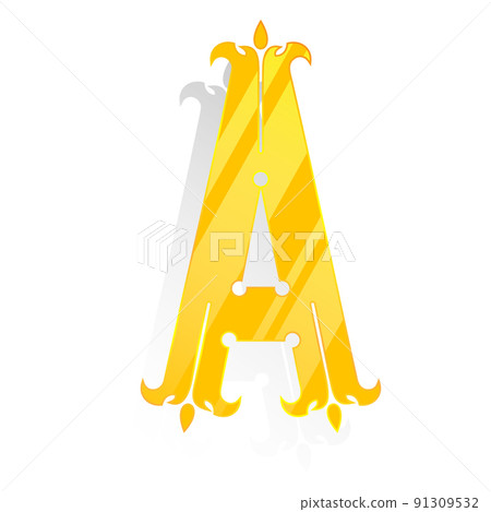 Uppercase decorative font.Golden letter with pale shadow isolated on white background. Uppercase decorative font.Golden letter with pale shadow isolated on white background. 91309532