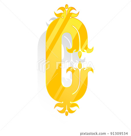Uppercase decorative font.Golden letter with pale shadow isolated on white background. Uppercase decorative font.Golden letter with pale shadow isolated on white background. 91309534