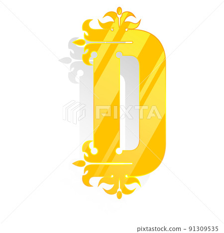 Uppercase decorative font.Golden letter with pale shadow isolated on white background. Uppercase decorative font.Golden letter with pale shadow isolated on white background. 91309535