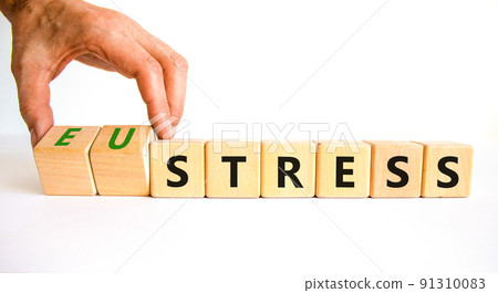 Eustress or stress symbol. Psychologist turns cubes and changes the concept word Eustress to Stress. Beautiful white table white background, copy space. Psychlogical stress or eustress concept. Eustress or stress symbol. Psychologist turns cubes and changes the concept word Eustress to Stress. Beautiful white table white background, copy space. Psychlogical stress or eustress concept. 91310083