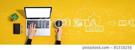 Cyber security theme with person using laptop computer Cyber security theme with person using laptop computer 91310256