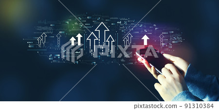 Rising arrow theme with person using smartphone 91310384