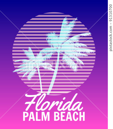 Florida Palm Beach sunset print t-shirt design. Poster palm tree silhouettes Florida Palm Beach sunset print t-shirt design. Poster palm tree silhouettes 91310700