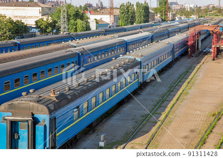 Passenger trains in Mariupol, Ukraine. 91311428