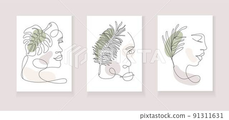 Boho women face vector. Surreal portrait, girl face with palm leaf in continuous line style. Boho women face vector. Surreal portrait, girl face with palm leaf in continuous line style. 91311631