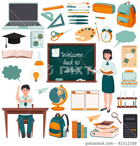 A set of elements for design on the theme of Back to school. Stationery and student items.Education, study. A collection of flat-style objects isolated on a white background. Color vector illustration 91312588