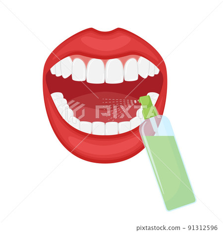 A breath freshener is sprayed into the open mouth. Oral hygiene. Spray in a transparent dispenser. Beautiful white even teeth. Dental advertising. Vector illustration in flat style. Isolated on white 91312596