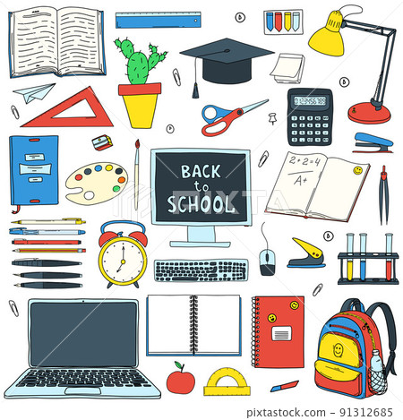 A set of design elements on the theme Back to school, online education. Collection of stationery and school supplies in Doodle style. Hand drawn and isolated on white. Color vector illustration 91312685