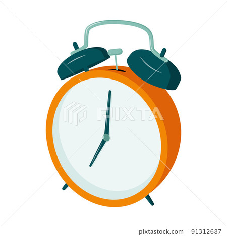 Retro alarm clock with a hammer, 7 o'clock. Drawn in perspective. Time to Wake up for school and work.The icon with the clock. Isolated on a white background.Color vector illustration in a flat style. 91312687