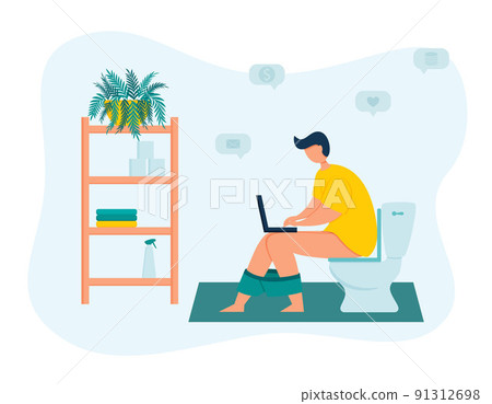A young male freelancer is working on a laptop while sitting on the toilet in the toilet room. Workaholic. The concept of remote work, too much employment. Trend vector illustration in flat style. A young male freelancer is working on a laptop while sitting on the toilet in the toilet room. Workaholic. The concept of remote work, too much employment. Trend vector illustration in flat style. 91312698