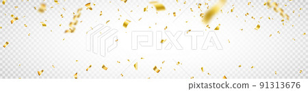 Confetti frame on long background. Falling shiny gold confetti. Anniversary celebration banner. Bright golden festive tinsel. Birthday party backdrop. Holiday design elements. Vector illustration 91313676