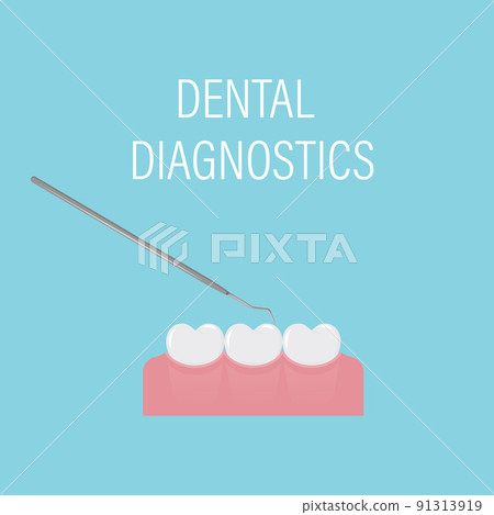 Dental examination of teeth with the medical tool. Professional preventive dental appointment. Simple white teeth in a row. Oral hygiene. Dental and oral care. Isolated flat vector illustration Dental examination of teeth with the medical tool. Professional preventive dental appointment. Simple white teeth in a row. Oral hygiene. Dental and oral care. Isolated flat vector illustration 91313919